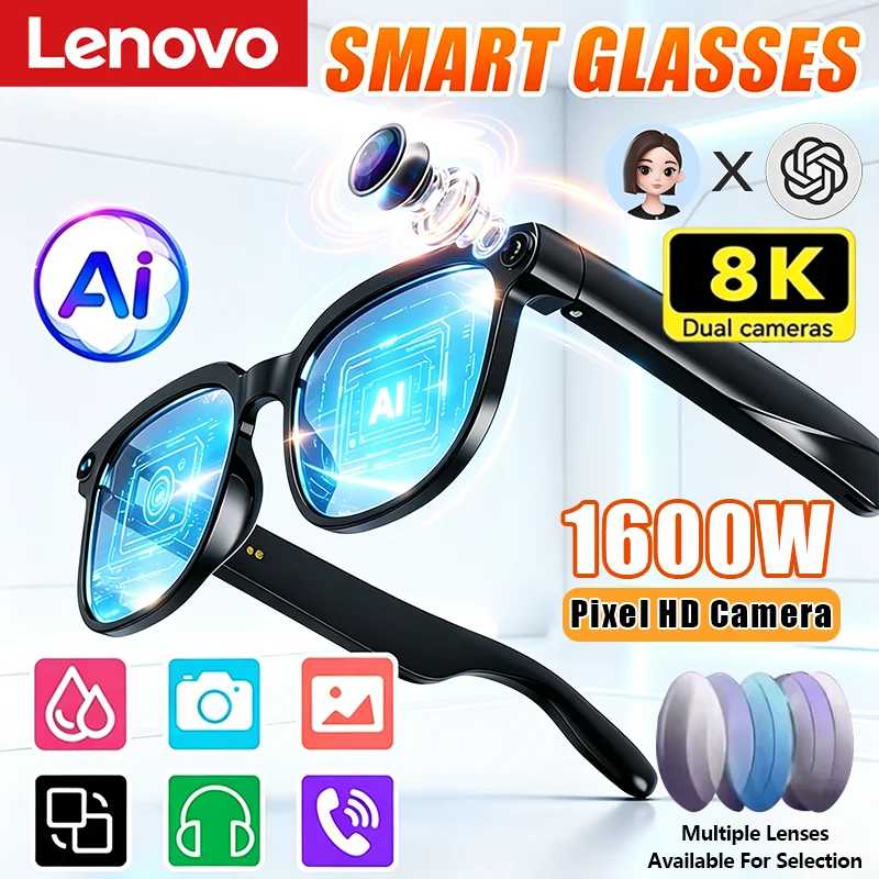 Умные очки Lenovo 2026 с ИИ-переводом, HD-камерой 1600 МП, съемкой 8K, Bluetooth, записью звонков и музыкой Умная электроника