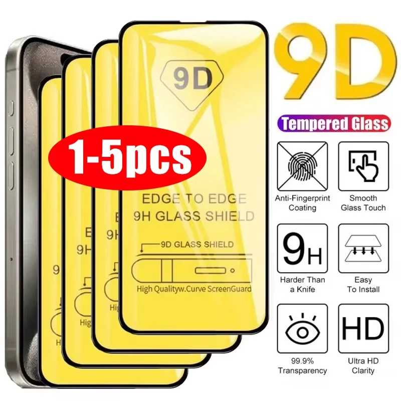 1-5 шт. 9D Защитное стекло Full Cover для iPhone 17, 16, 15, 11, 12, 13, 14, 18 Pro Max, 16E, 13 Mini, XR, XS Max Защитная пленка для мобильного телефона