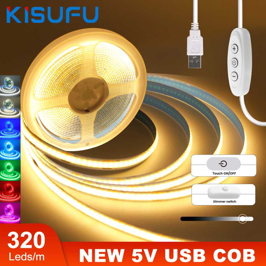 Светодиодная лента COB с регулируемой яркостью, 5 В, USB, с сенсорным датчиком/переключателем включения/выключения, гибкая светодиодная лента, клейкая лента для подсветки телевизора на Рождество, 1-5 м 