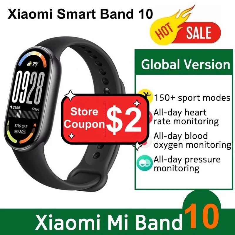 Глобальная версия Xiaomi Smart Band 10: 150+ спортивных режимов, мониторинг сна, AMOLED-дисплей 1,72 дюйма, 21-дневная автономность, умные часы-браслет Mi для спорта Умная электроника