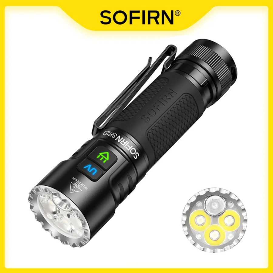 SOFIRN SR23 Фонарик с двойным светом, 3300 лм, белый прожектор и 365 нм, УФ-свет 21700, USB C, перезаряжаемая лампа EDC с магнитной крышкой Портативное освещение