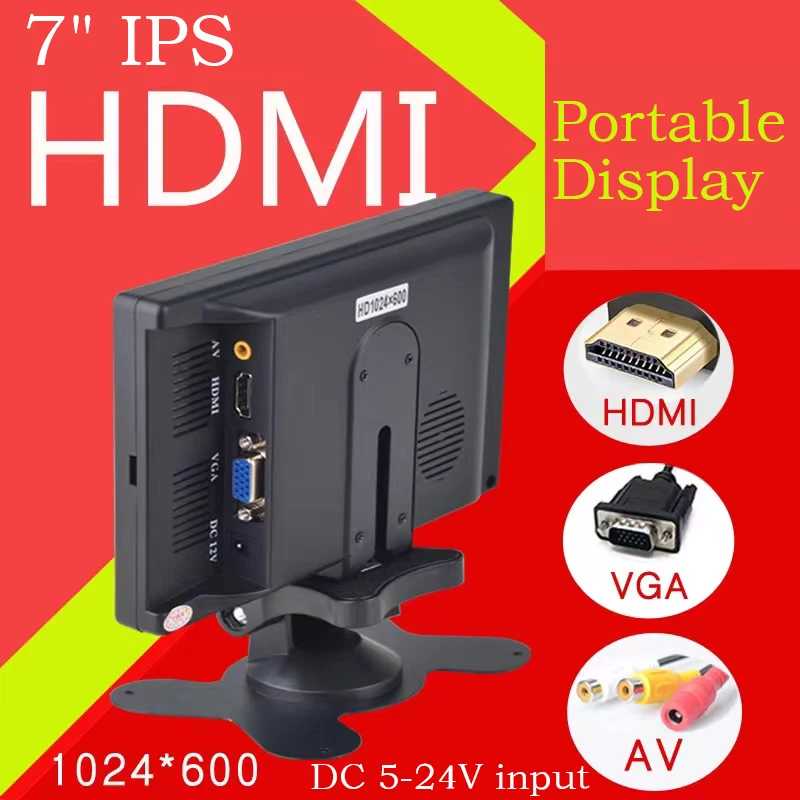 7-дюймовый портативный IPS-дисплей HD 1024x600, экран AV-монитор видеонаблюдения для Raspberry Pi, HDMI-совместимая камера заднего вида VGA D-SUB Компьютерная периферия