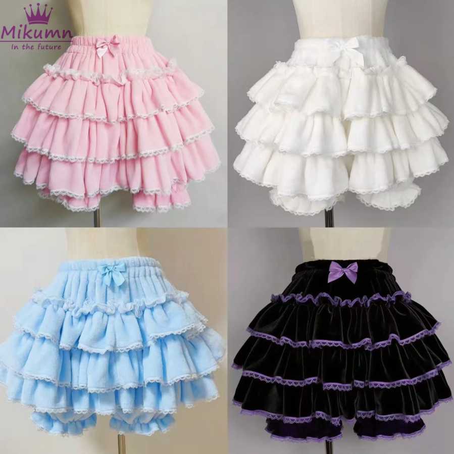 Harajuku Y2k милые розовые белые брюки с тыквой Лолита осень-зима JK плюшевые шорты японские кавайные шорты-фонарики с оборками Шорты