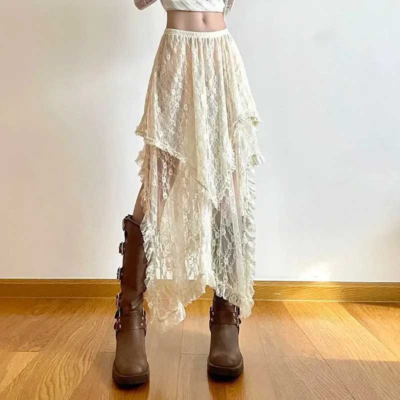 Кружевная асимметричная юбка Fairycore, женские винтажные Y2K Boho, эстетические модные юбки средней длины с высокой талией, женские праздничные наряды Юбки