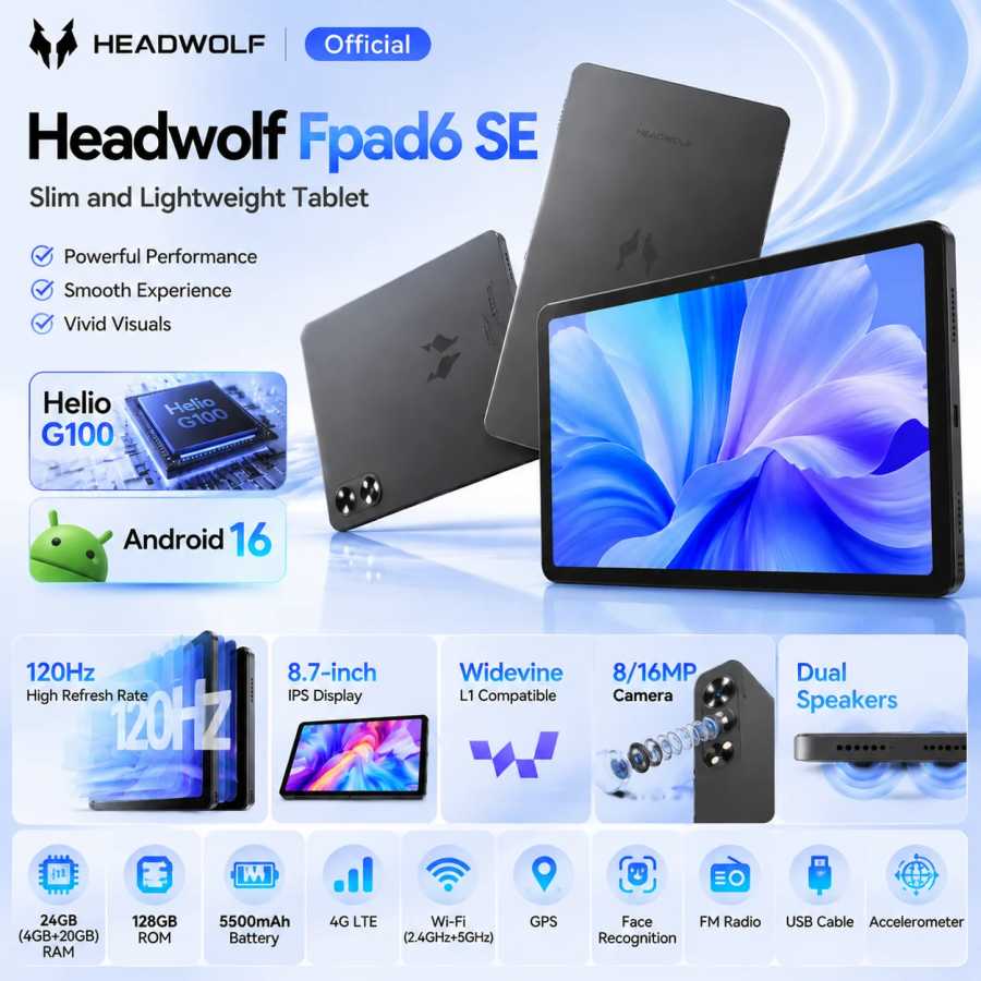 Планшет Headwolf FPad6 8.7 дюймов, Android 16, 800x1340, 4 ГБ ОЗУ + 20 ГБ расширяемой памяти + 128 ГБ ПЗУ, камера 8 МП/16 МП, SIM, 4G LTE, Wi-Fi + Bluetooth 5.0 Планшеты