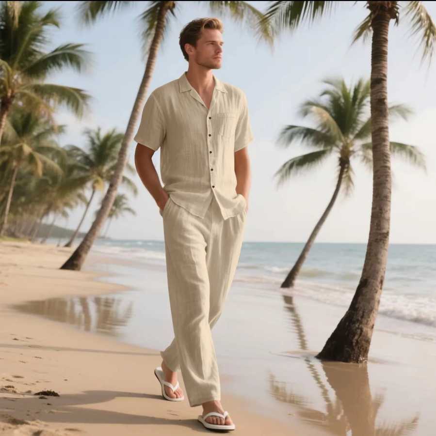 Мужской комплект льняной рубашки с короткими рукавами Summer Beach 2025 &mdash; это комплект из двух предметов с длинными брюками, подходящий для повседневного пляжного отдыха. Мужские комплекты (новые)