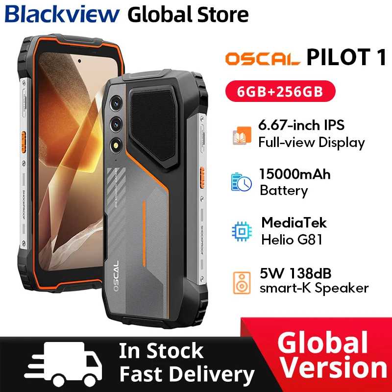 Прочный телефон Blackview Oscal PILOT 1 6,67-дюймовый HD + 90 Гц Дисплей 15000 мАч 5 Вт Коробка Динамик 6 ГБ 256 ГБ Helio G81 Процессор NFC Мобильный телефон Мобильные телефоны