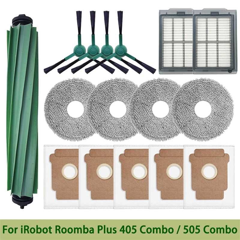 Запасные части для робота-пылесоса iRobot Roomba Plus 405 Combo / 505 Combo: основные и боковые щетки, салфетки для мытья полов, фильтры, мешки для сбора пыли, аксессуары. Запчасти для бытовой техники