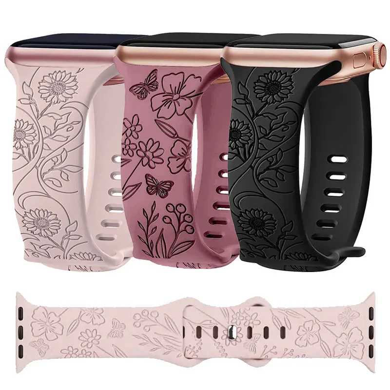 Ремешки с гравировкой для Apple Watch Band 10 46 мм, 42 мм, 40 мм, 44 мм, 45 мм, браслет с цветочным принтом Correa iwatch Series 11 9 8 7 6 Ultra 2 3 49 мм Аксессуары для часов