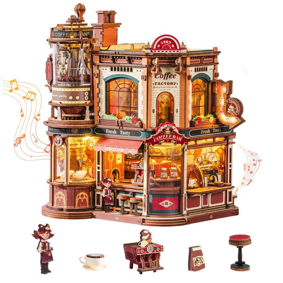 ROKR Dream Coffee Factory: Миниатюрный деревянный конструктор-кофейня с подвижными элементами &ndash; креативный подарок для взрослых EAB02 Конструкторы
