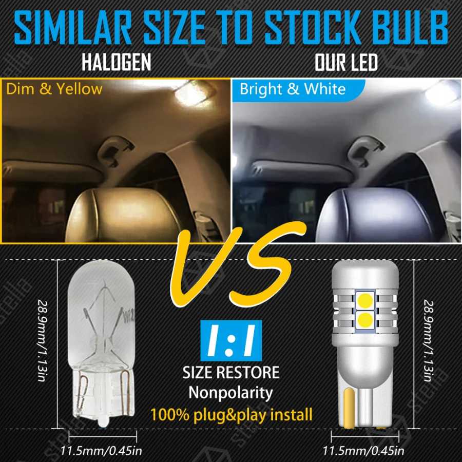 Фотография №5 товара Stella 2 шт. 9-46 В T10 LED W5W 3000k Теплый
