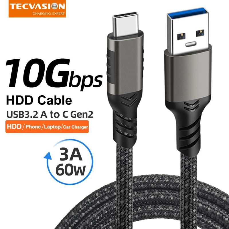 USB3.2 10 Гбит/с USB-кабель типа C USB A-C 3A 60 Вт QC3.0 Быстрая зарядка для жесткого диска Samsung NVMe Внешняя оплетка данных Android 2M Аксессуары и запчасти
