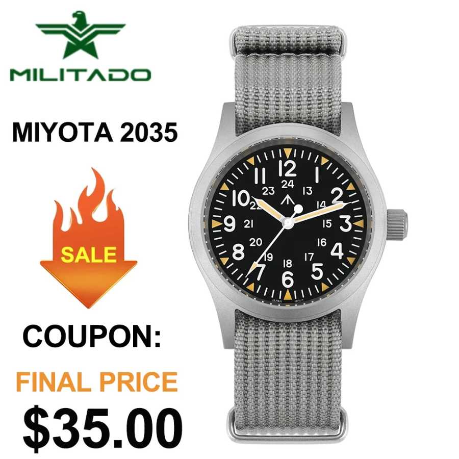 Militado ML05 38 мм Военные часы Miyota 2035, куполообразный механизм с сапфировым стеклом C3, зеленые светящиеся водонепроницаемые винтажные часы 10 бар Мужские часы