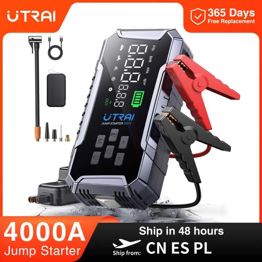 Портативное пусковое устройство UTRAI 4000A с компрессором 160PSI и внешним аккумулятором 16000 мАч для запуска автомобильных аккумуляторов в экстренных случаях Автоэлектроника