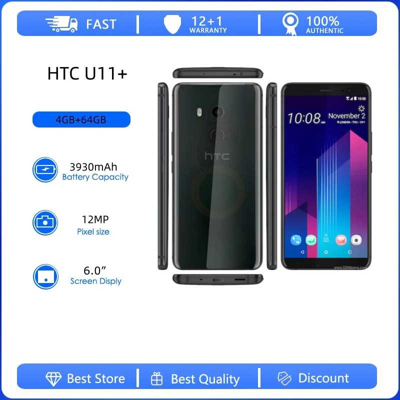 HTC U11+ восстановленный, оригинальный, разблокированный, 4G Android смартфон, 12 МП, 6.0 дюймов, четырехъядерный процессор, Wi-Fi, GPS Б/У и восстановленные телефоны