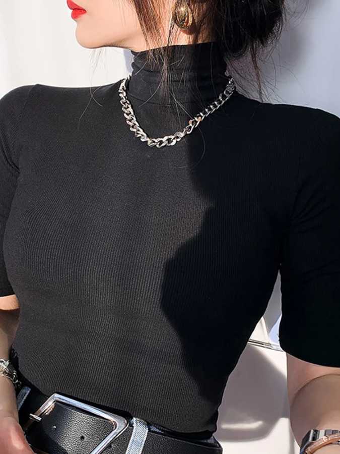 Фотография №3 товара Basic Cotton T Shirt Women Turtleneck Slim Tshirt Short Sleeve