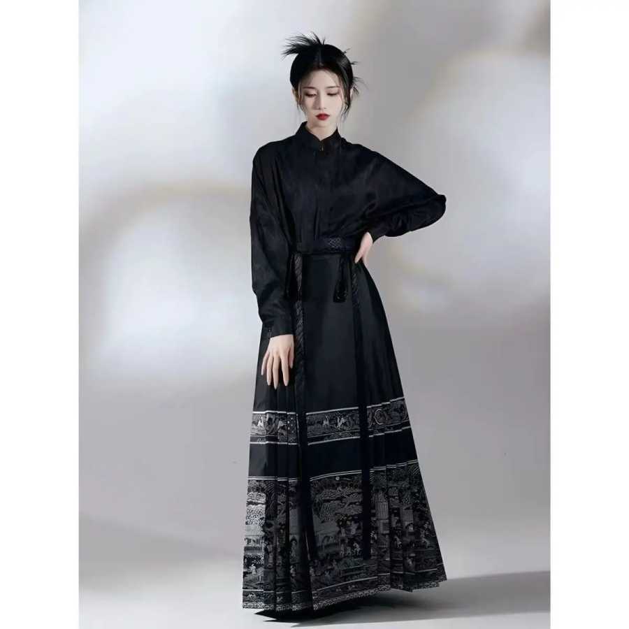 Модная жаккардовая рубашка Hanfu, костюм с юбкой, традиционный белый топ, блузка, черная юбка с лицом лошади, женская восточная китайская одежда Этническая одежда