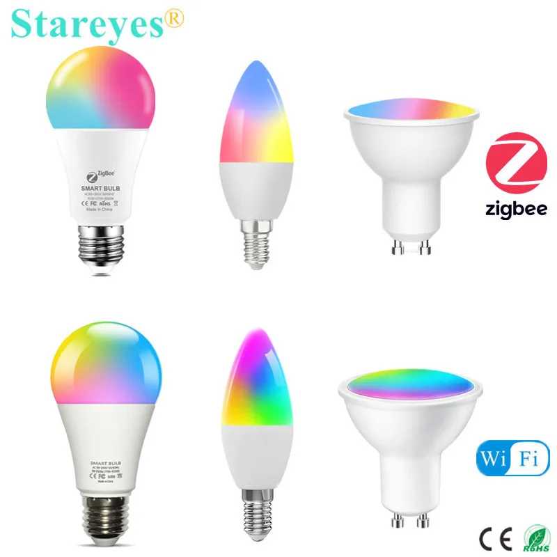 Умная Светодиодная лампа Tuya Zigbee RGB CCT E27, 9 Вт, светодиодная лампа E14 5 Вт, Светодиодная свеча GU10 5 Вт, светодиодная лампа направленного света Alexa Home Siri Alice Control Лампочки и световые трубки