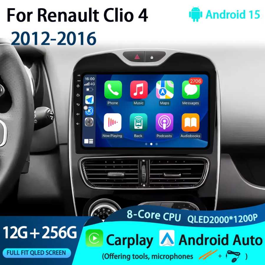 Для Renault Clio 4 2012-2016: Автомагнитола с Carplay, мультимедийный видеоплеер, Android 15, Wi-Fi, GPS-навигация, DSP, стерео, Bluetooth, инструменты Автоэлектроника