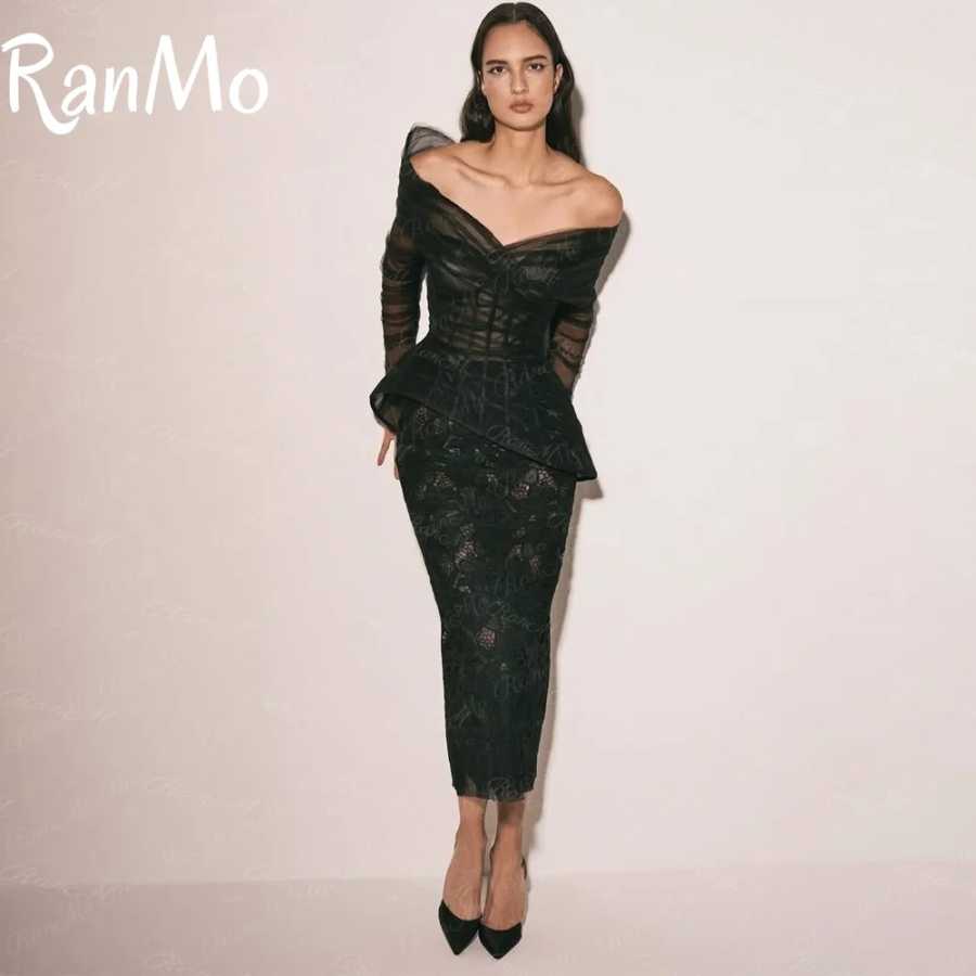 Ranmo 2025: черные вечерние платья, тюлевые кружевные платья для выпускного вечера с длинными рукавами, элегантные женские платья до щиколотки, Vestidos De Fiesta по индивидуальному заказу Платья высокой моды