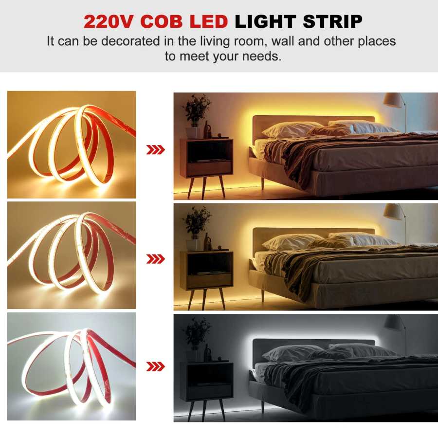 Фотография №1 товара AC 220 В COB Strip 240 светодиодов/M IP65 Водонепроницаемая 3000K