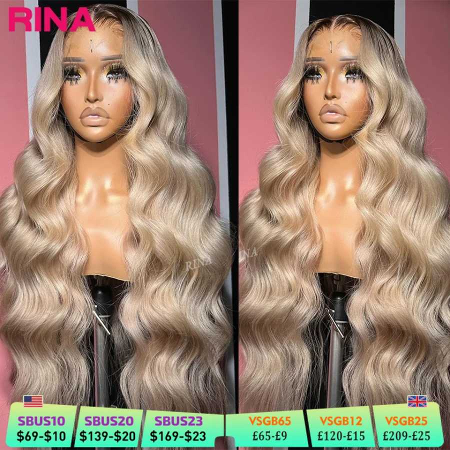 13x6 Ombre Blonde With Root Цветные парики фронта шнурка для женщин Человеческие волосы Объемная волна Ombre Пепельно-русый парик фронтальной части шнурка Парики из натуральных волос (для брюнетов)
