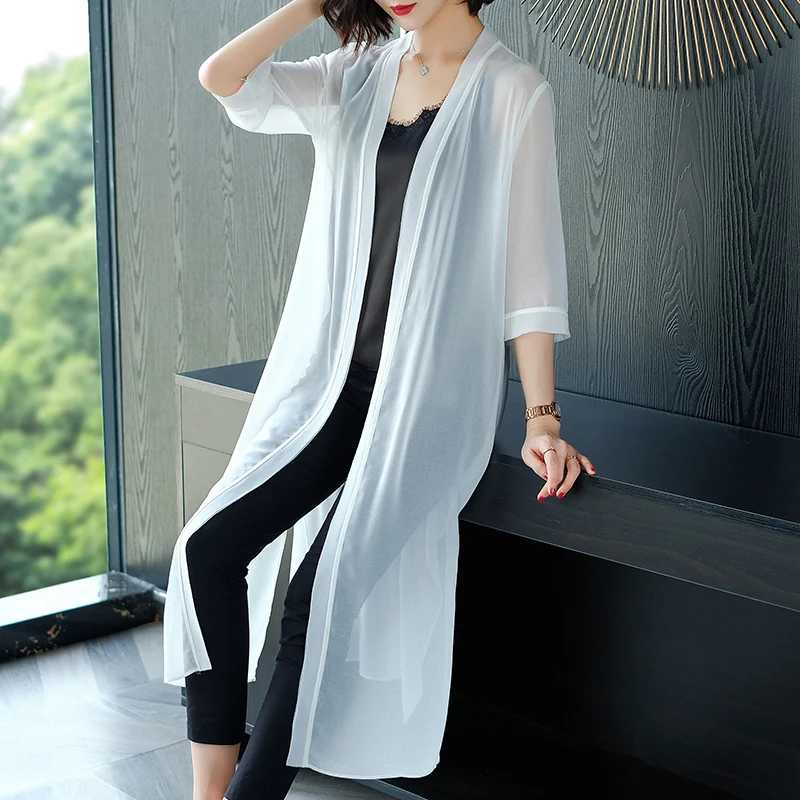 Фотография №4 товара Летняя длинная шифоновая блузка-кардиган в стиле кимоно для женщин, солнцезащитная