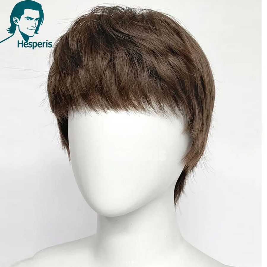Мужской парик Hesperis Wg с челкой, короткая стрижка, коричневый, полностью машинной работы, из натуральных волос, для мужчин, готовый к ношению, с челкой, стрижка пикси Парики из натуральных волос (для брюнетов)