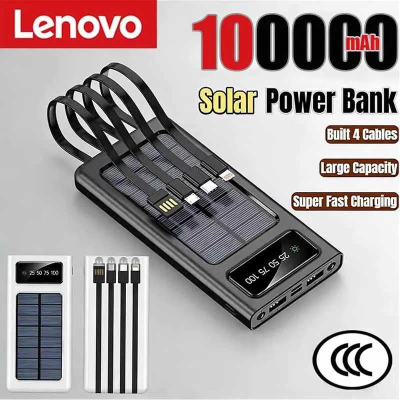 Солнечный внешний аккумулятор Lenovo 100000 мАч со встроенными 4 кабелями, портативный, для использования на улице, с цифровым дисплеем, для iPhone, Samsung, Huawei Аксессуары для мобильных телефонов