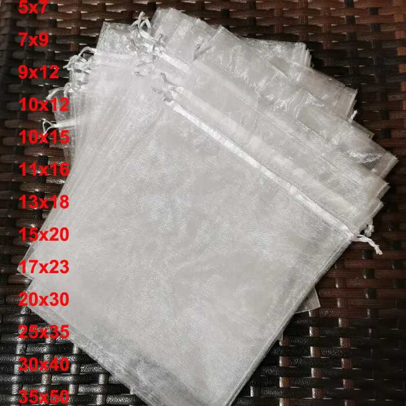 100 шт./лот, 5x7, 17x23, 35x50 см, большие белые сумки из органзы, мешочки на шнурке для ювелирных изделий, бусы, свадебная вечеринка, подарочная упаковка, сумка с логотипом Сумки специального назначения