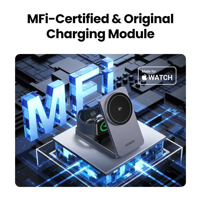 Фотография №4 товара UGREEN MFi 3-в-1 15 Вт MAX Магнитная подставка для беспроводного