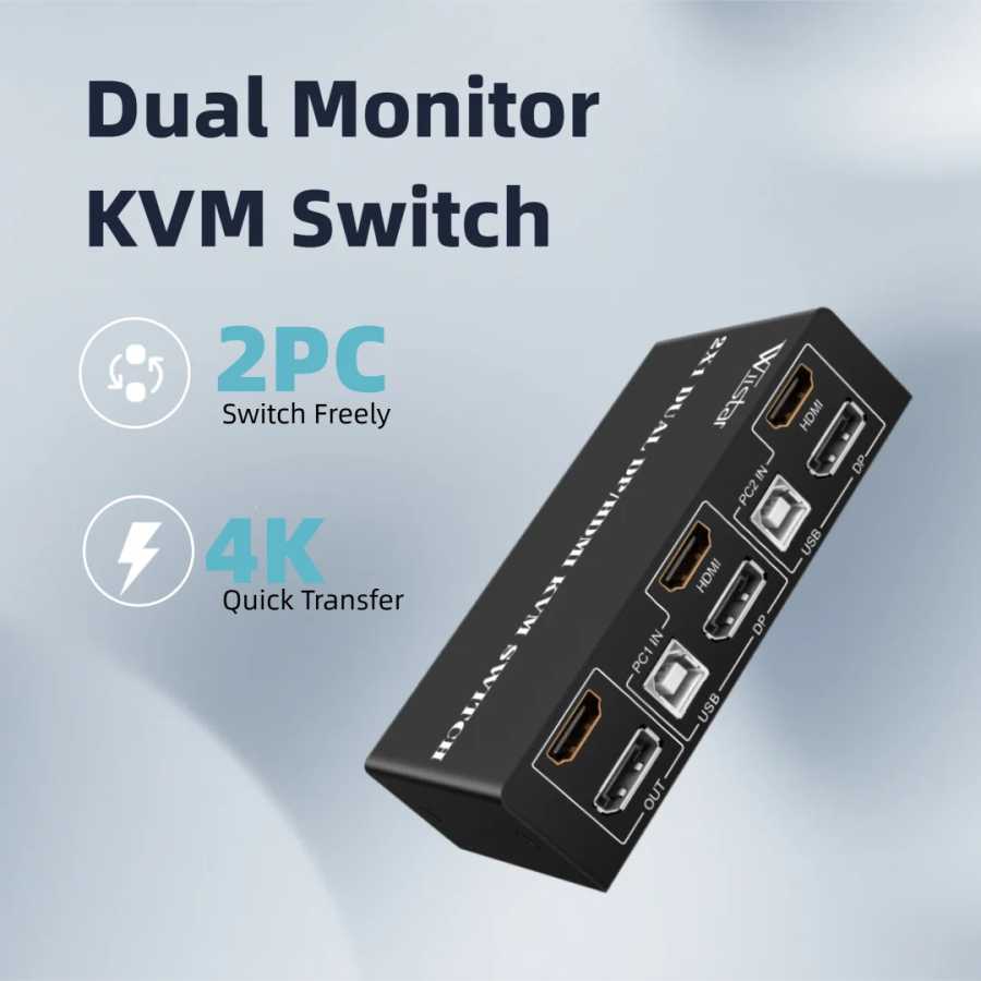 2x1 KVM-переключатель с двумя мониторами HDMI и DP 4K 60 Гц 2 управления ПК 1 USB-концентратор с клавиатурой и мышью для расширенного или зеркального режима Умные системы общественной безопасности