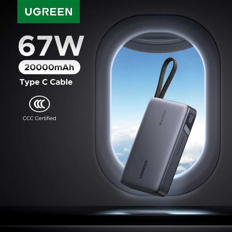 Сертификат CCC UGREEN 67W 20000mAh Power Bank со встроенным кабелем Type-C, зарядное устройство PD 65W для ноутбуков Xiaomi, внешний аккумулятор 67W Аксессуары для мобильных телефонов