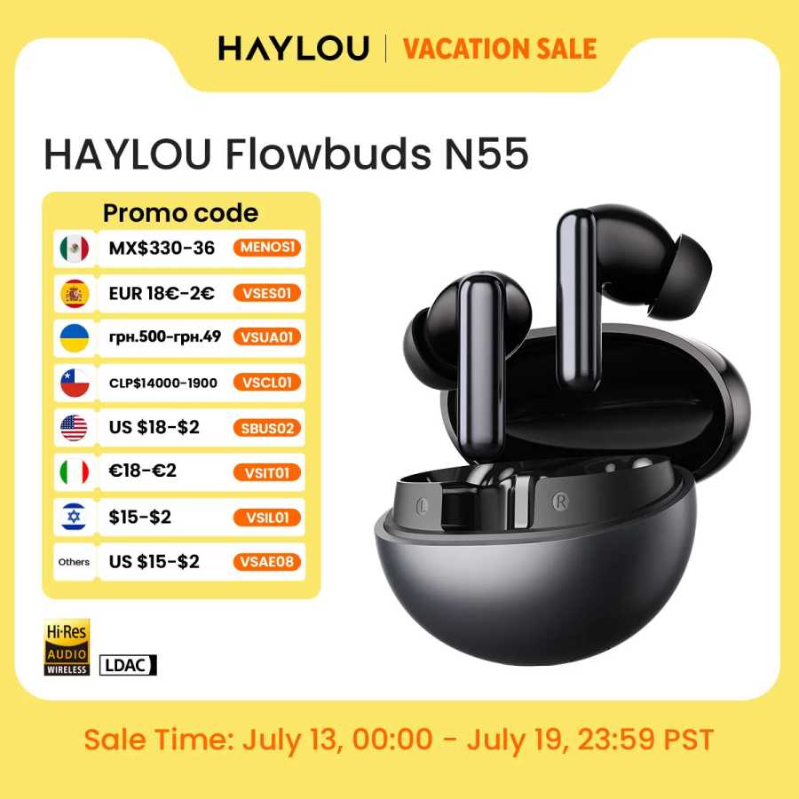 Беспроводные наушники HAYLOU Flowbuds N55 с адаптивным шумоподавлением 54 дБ, Bluetooth 6.0, LDAC, Hi-Res Audio, 6 микрофонами для HD-звонков, 40 часов воспроизведения, IPX5 Портативное аудио и видео