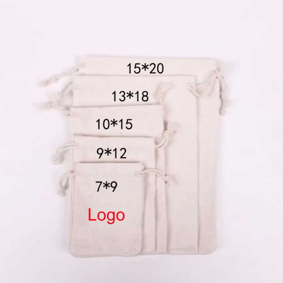 100 шт./лот, мешки из натурального хлопка, 7x9, 9x12, 10x15, 13x18, 15x20 см, подарочные пакеты на шнурке, домашние мешки для хранения, упаковочная сумка с логотипом на заказ Сумки специального назначения