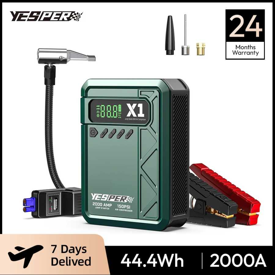 YESPER 2000A Пусковое устройство и воздушный компрессор 150PSI &ndash; Power Bank 12000 мАч с LED-экраном, насос для накачки шин для бензиновых двигателей 8 л/дизельных двигателей 6 л Автоэлектроника