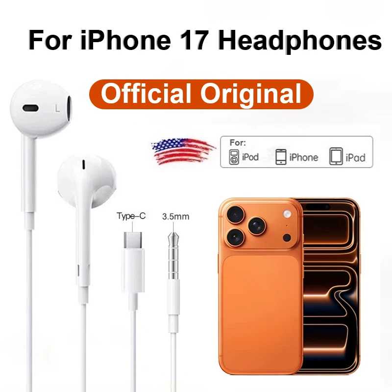 НОВЫЕ оригинальные проводные наушники типа C для iPhone 17, 16, 15, 14, 13, 11, 12 Pro Max Plus, проводные Bluetooth-наушники-вкладыши USB C Портативное аудио и видео