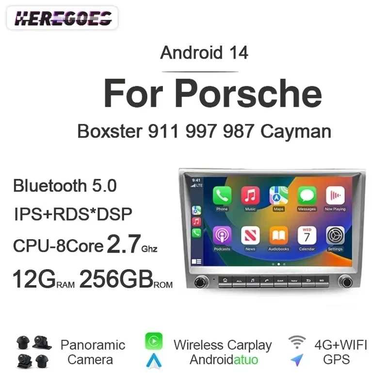Автомагнитола 7862 720P с Android 14, 12 ГБ+256 ГБ, GPS-плеер, 4 ГБ, Carplay, навигация, для Porsche Cayman 911 987 Boxster 997 Автоэлектроника