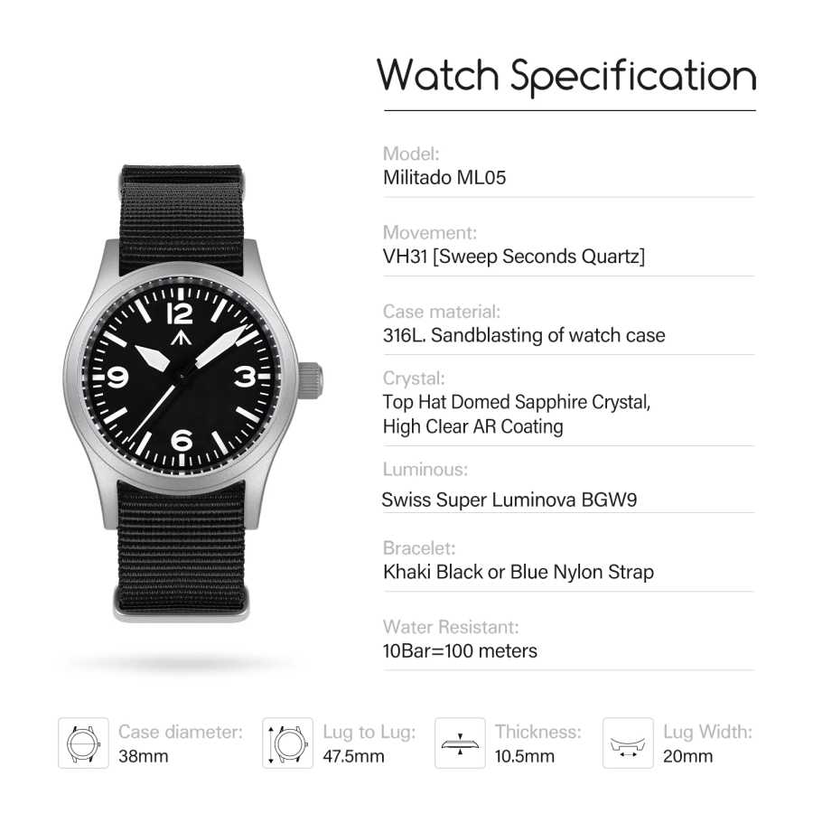 Фотография №2 товара Militado Новые винтажные часы ML05 с секундным механизмом VH31 Sapphire
