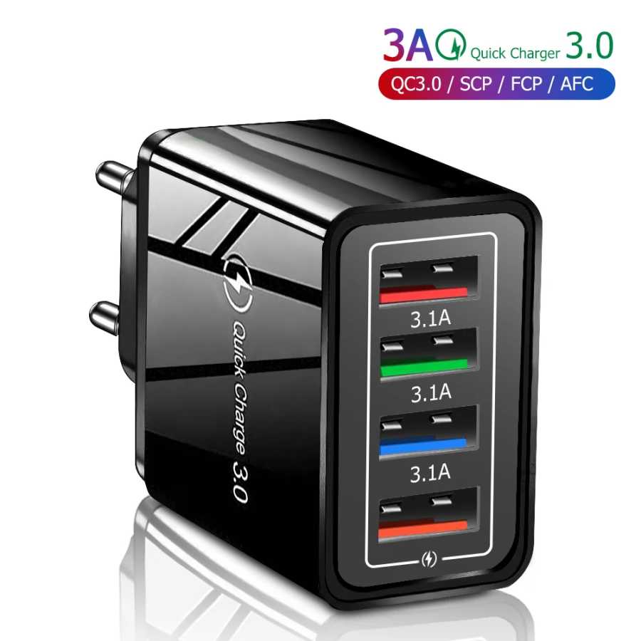 Зарядное устройство USB 3A, 4-портовое USB-зарядное устройство Quick Charge 3.0, вилка европейского стандарта и США, настенное зарядное устройство для мобильного телефона, портативная быстрая зарядка для iPhone 16 Pro Аксессуары для мобильных телефонов