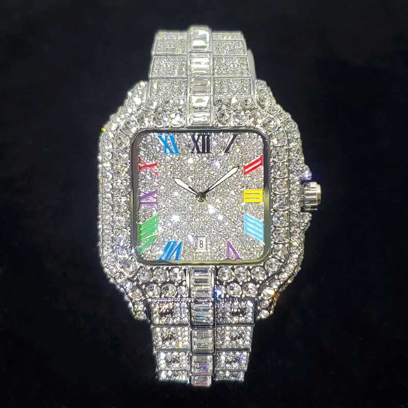 2025 Новые Роскошные Часы с Бриллиантами Мужская Мода Iced Out Square Красочные Часы с Номером Хип-Хоп Bling Ювелирные Изделия Reloj Hombre для Вечеринки Мужские часы