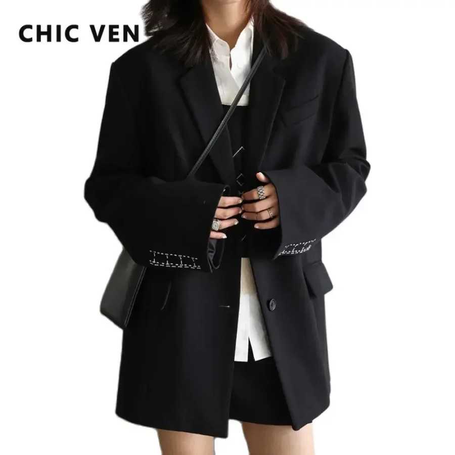 Модный женский костюм-двойка CHIC VEN: пиджак и брюки с высокой талией, однотонный, свободный крой, для офиса, весна-осень 2026 Жакеты и костюмы