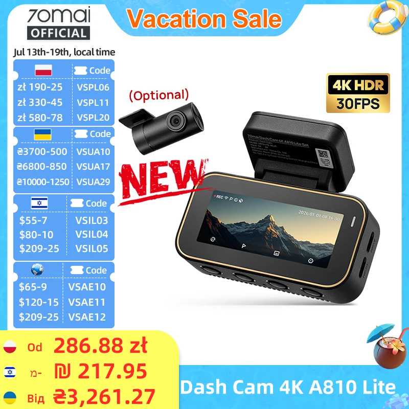Новый видеорегистратор 70mai Dash Cam 4K A810 Lite HDR с суперконденсатором, поддержкой 4G, голосовым управлением, Wi-Fi 6, GPS, автомобильный видеорегистратор 70mai A810 Lite Автоэлектроника