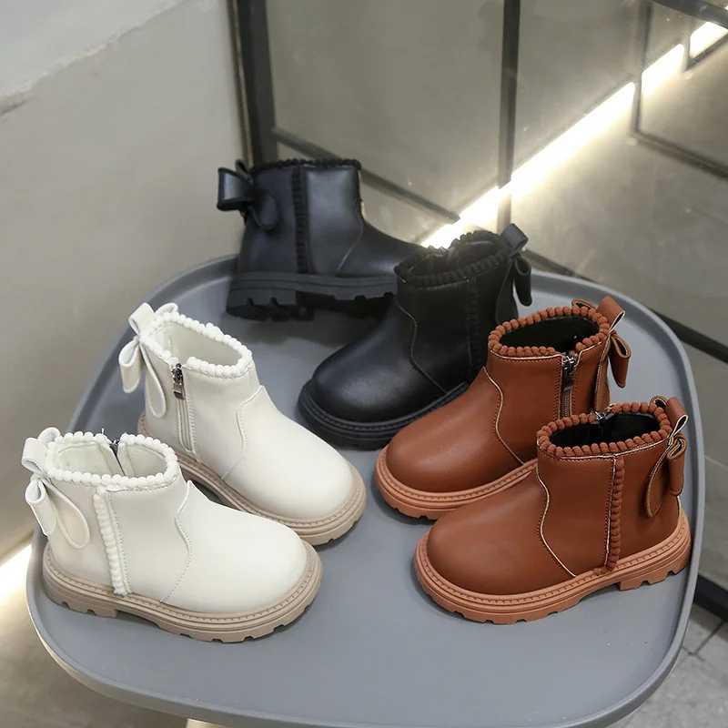 Botas 2023, новые зимние детские зимние ботинки, удобные нескользящие кожаные ботинки с бантом для девочек, простые универсальные детские ботильоны Zapatos Детская обувь