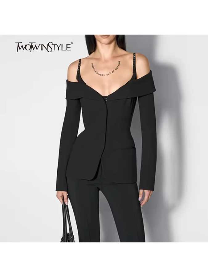 TWOTWINSTYLE однотонные шикарные дизайнерские куртки для женщин туника с разрезом на шее и длинными рукавами темпераментные элегантные куртки женский модный стиль Пальто и куртки