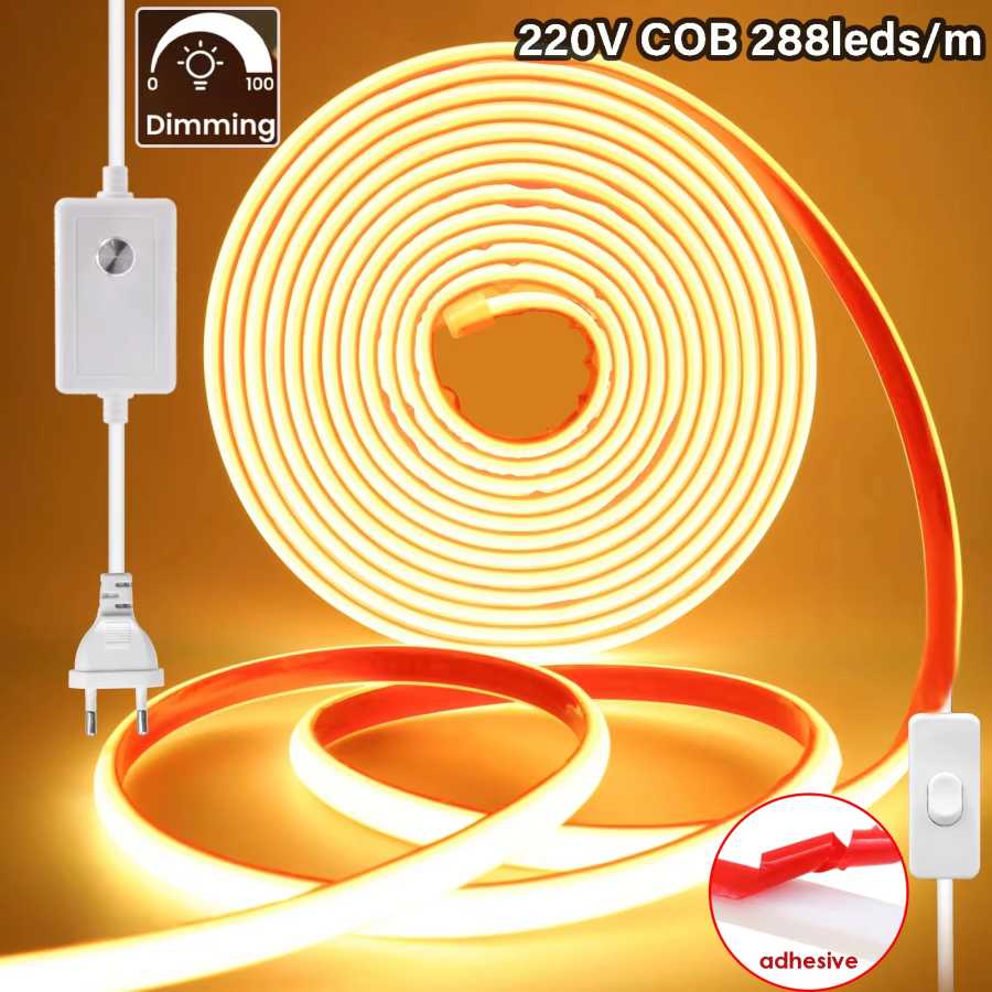 Светодиодная лента COB 220В с регулируемой яркостью, самоклеящаяся, 288 светодиодов, IP65, водонепроницаемая, для наружного освещения кухни, комнаты, сада Светодиодная подсветка