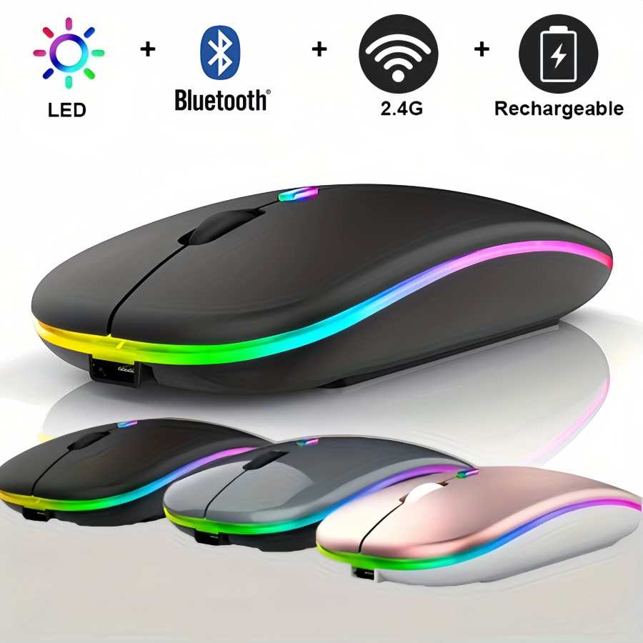 Беспроводная мышь Bluetooth и 2,4 ГГц, два режима, перезаряжаемая, эргономичная, бесшумная, RGB, для ПК, iPad, ноутбука, мобильного телефона, телевизора Компьютерная периферия