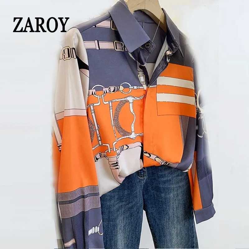 Рубашки ZAROY S-3XL из искусственного шелка, приталенные, женские, оранжево-серые, с роскошным принтом, модные блузки, топы для женщин, дизайнерские рубашки класса люкс, Camisas Женские топы