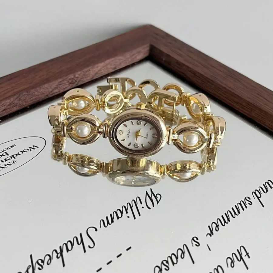 Новые горячие продажи овальных красивых женских винтажных наручных часов для девочек-студенток, милые элегантные маленькие женские часы с жемчугом Женские часы