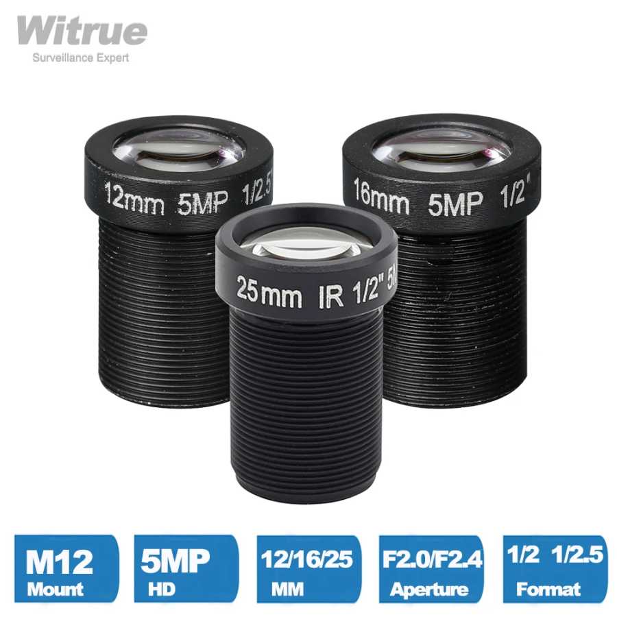 Объектив камеры видеонаблюдения Witrue, 5 мегапикселей, крепление M12 X P0.5, 1/2,5 дюйма, F2.0, 12 мм, 16 мм, 25 мм, опционально для IP-камер безопасности Видеонаблюдение